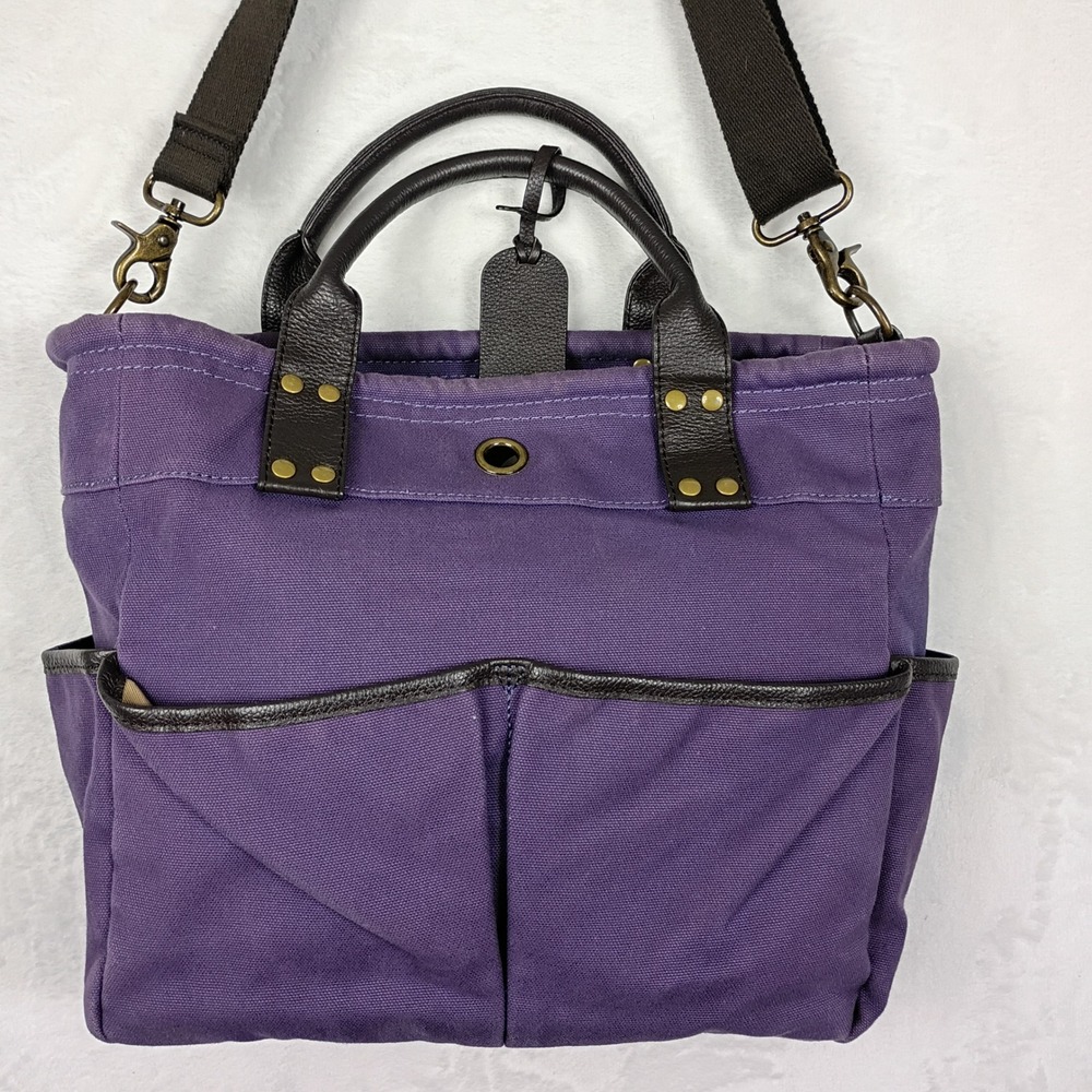 Levenger Purple Canvas Leather Trim Tote Crossbody Bag Brass Hardware